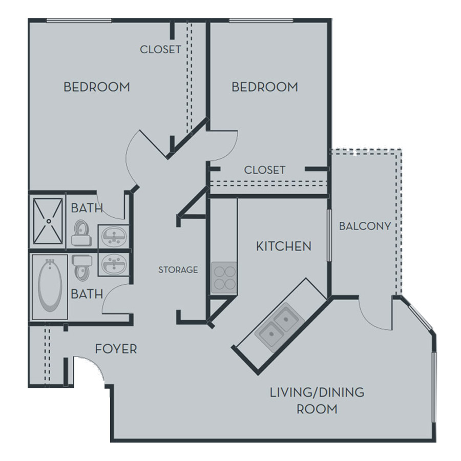 Rendering of the C2 Classic floor plan with 2 bedroom[s] and 2 bathroom[s] at Pullman Yards