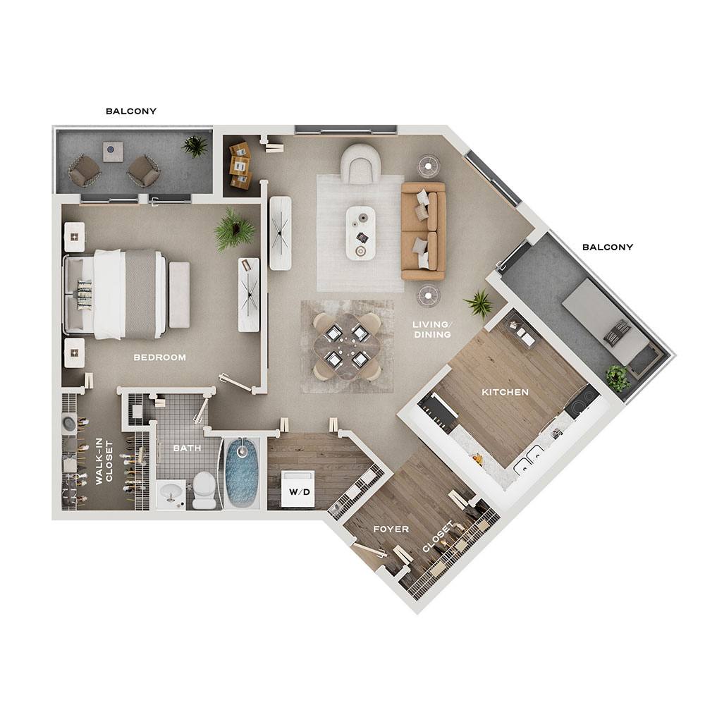 Rendering of the A15 Classic floor plan with 1 bedroom[s] and 1 bathroom[s] at Pullman Yards