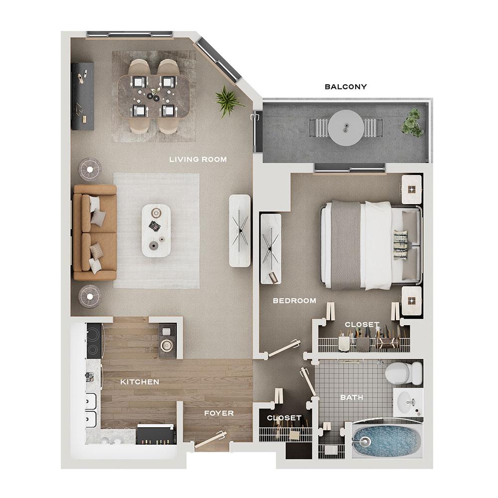 Rendering of the A5 Deluxe floor plan with 1 bedroom[s] and 1 bathroom[s] at Pullman Yards
