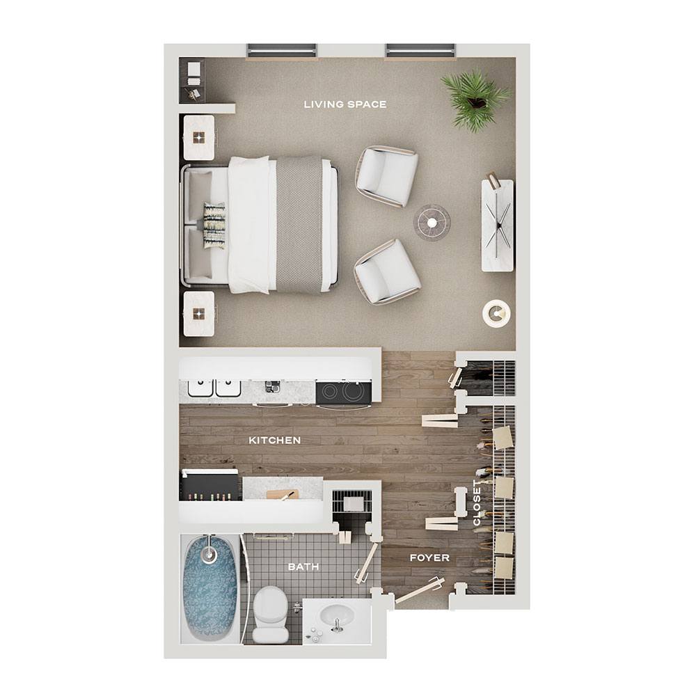 Rendering of the S1 Classic floor plan with a Studio bedroom and 1 bathroom[s] at Pullman Yards