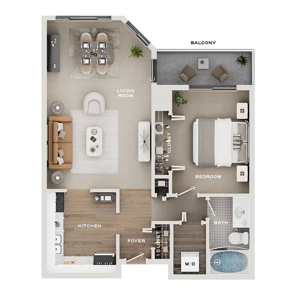 Rendering of the A4 Deluxe floor plan with 1 bedroom[s] and 1 bathroom[s] at Pullman Yards
