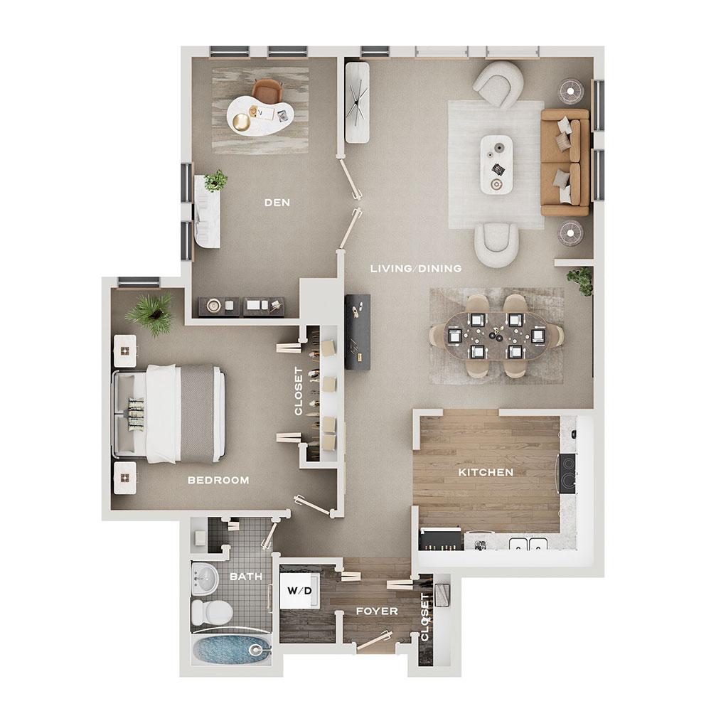 Rendering of the A17 Deluxe floor plan with 1 bedroom[s] and 1 bathroom[s] at Pullman Yards