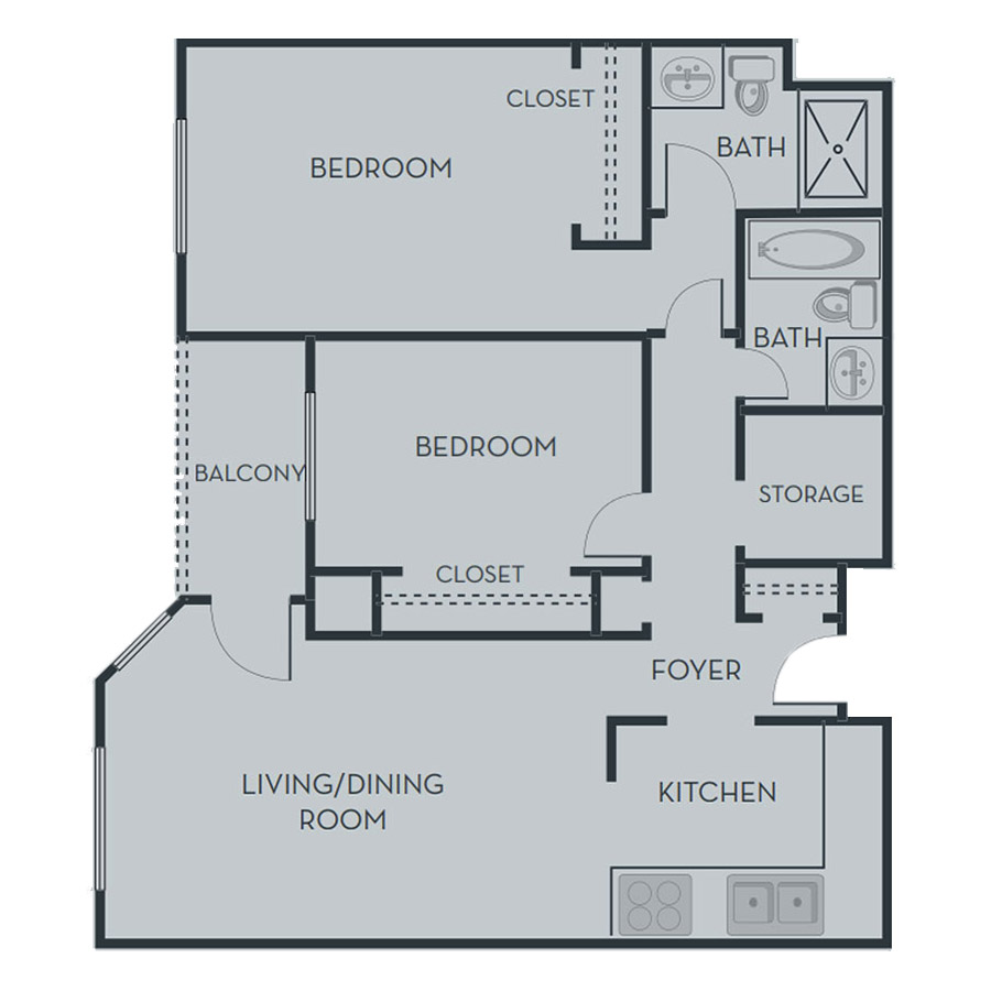 Rendering of the C4 Premium floor plan with 2 bedroom[s] and 2 bathroom[s] at Pullman Yards