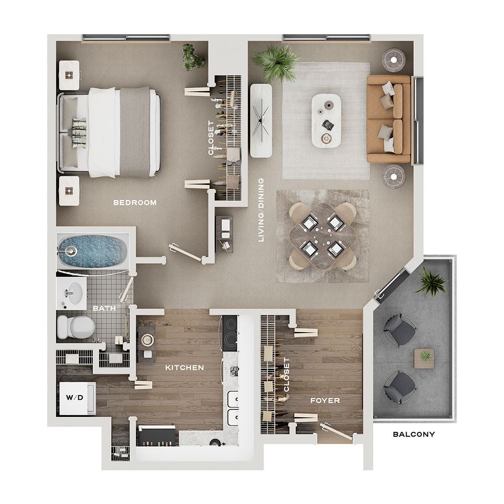 Rendering of the A9 Premium floor plan with 1 bedroom[s] and 1 bathroom[s] at Pullman Yards