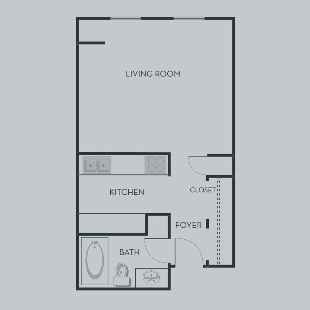 Rendering of the S1 Premium floor plan with a Studio bedroom and 1 bathroom[s] at Pullman Yards